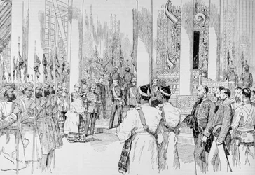 Lord Dufferin holder Levee i Grand Throne Room i paladset i Mandalay, fra 
