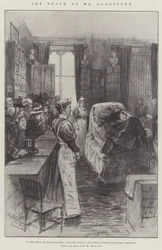 Hr. Gladstones død, i Fredens Tempel, Hawarden, landsbyboere på et sidste besøg hos deres fornemme nabo