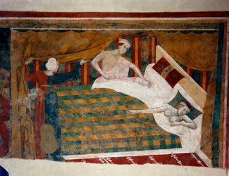 Scene fra ægteskabslivet i middelalderen. En mand slutter sig til sin kone, som sover nøgen i sengen. Detalje. (fresko, tidligt 14. århundrede)