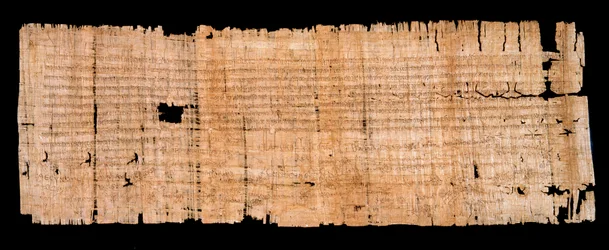 Merovingertid: juridisk dokumentmanuskript på papyrus, der bekræfter immunitetsprivilegiet givet af kongen af Neustrien Clovis II (633-657) til klosteret Saint Denis den 22/06/654. Sol. 0,93x0,34 m Paris, archives nationales