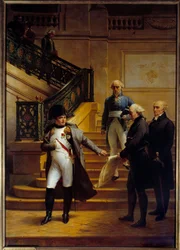 Kejser Napoleon I (1769-1821) besøger Palais-Royal, sæde for Tribunatet, og afviser arkitekterne Beaumont og Fontaines planer den 5/08/1807, Maleri af Merry Joseph Blondel (1781-1853) 1834 Søn. 2,27x1,63 m Palais Royal, Paris - Kejseren Napo