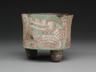 Cylindrisk stativkar med to brillefigurer, c.A.D. 400?650 (keramik, stuk og maling)