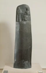 Hammurabis kodeks: guden Shamash dikterer sine love til Hammurabi, Babylons konge, fundet i Susa, Iran, ca. 1750 f.Kr. (diorit) (for detaljer se 69507)