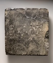 Kassitisk kileskrifttavle med sumerisk dedikationsindskrift(?) fra Ekur, ca. 16.-15. århundrede f.Kr. (sort marmor)