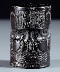 Mesopotamien: cylindersæl af sort marmor i den guddommelige Sharkali-Sharris (Shakalisharris) navn, konge af Agade, udsmykket med helte, der ryg mod ryg vander bøfler. 2300 f.Kr. Paris, Louvre-museet