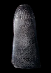 Mesopotamien: kudurru i sort kalksten fra kong Marduk-sapik-zari (1082-1070 f.Kr.) (stele anvendt som dokumentation for de jordgaver, som Babylons kassitiske herskere skænkede familiemedlemmer eller høje dignitarer). Indskriften er skrevet med kileskrift