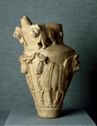 Mesopotamisk kunst: rituel kalkstensvase med tyre og løver. Sol. h. 30,2 cm Fra stedet for Uruk (eller Uruk), Irak. Bagdad, Arkæologisk Museum