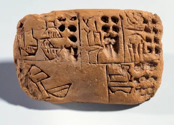 Mesopotamien: ubrændt lertavle med kileskriftindskrift. Regionen Sumer. 3300 f.Kr. Paris, Musée du Louvre