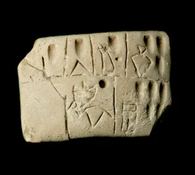 Mesopotamien: lertavle med regnskaber i kileskrift. Fra Eanna-templet, viet til gudinden Inanna (svarende til Ishtar hos sumererne), i Uruk. 3200 f.Kr. Mål 6,4 x 4,7 cm, Det Irakiske Museum, Bagdad