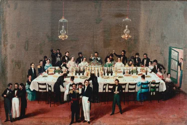 Banket til ære for general Antonio Leon i Oaxaca, Mexico Maleri af den mexicanske populære skole i det 19. århundrede. Mexico City, Nationalhistorisk Museum