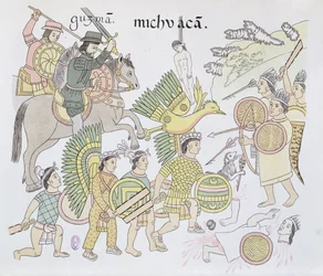 Slaget om Michoacán mellem spanierne og aztekerne, illustration fra et faksimile af en mexicansk indiansk billedhistorie, Lienzo de Tlaxcala, ca. 1550, 1892