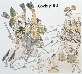 Slaget ved Xochipilla mellem spanierne og aztekerne, illustration fra et faksimile af den mexicanske indianske billedkrønike Lienzo de Tlaxcala fra ca. 1550, 1892