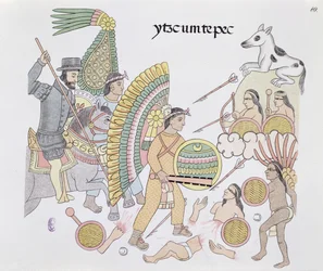 Hernando Cortes (1485-1547), under belejring ved Tenochtitlan, beslutter at forlade byen, illustration fra en faksimile af en mexicansk indisk billedhistorie Lienzo de Tlaxcala fra ca. 1550, 1892 (farve litho