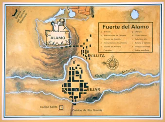 Kort over Alamo-området i San Antonio baseret på Santa Annas originale slagmarkskort