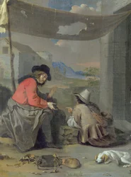 To figurer siddende med en hund (olie om bord)