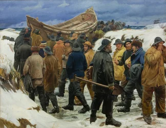 Redningsbåden er taget gennem klitterne, 1883