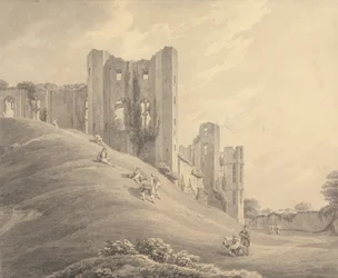 Kenilworth Castle, med figurer på bjergsiden