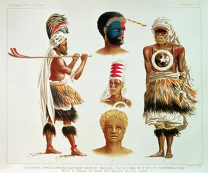 Forskellige dansekostumer båret i Nakello, Fiji, illustration fra 