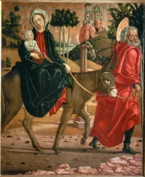 Flugten til Egypten. Sankt Josef fører æslet med Sankt Maria og barnet.