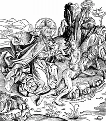 Efter at have skabt universet, jorden og alle levende væsener, inklusive mennesket, lagde Gud Adam i dyb søvn og skabte Eva af Adams ribben. Fra Hartmann Schedel Liber chronicarum mundi