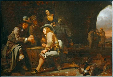 Soldater leger i en hule, der er omdannet til et vagthus. 1649 ...