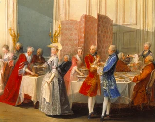 Buffet with guests next to a screen. Detail of "" Le The a l "Englishman served in the Salon des Quatre-Glacesdani