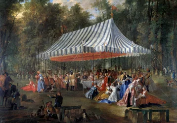Fest givet af Louis Francois Joseph de Bourbon, Prins af Conti til arveprins Charles Guillaume Ferdinand af Brunswick Luebourg (1735-1806), under teltet, i Cassan-skoven, på Isle Adam i 1766 Banket i parken. Maleri af Michel Ba