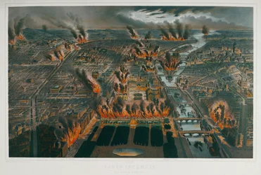 Kommunen: Paris brænder natten mellem den 24. og 25. maj 1871 ... (kobberstik)