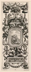 Ornamental panel beklædt med en kurv med blomster og en krans, plade 10 fra bogen over diverse grotesker malet i Reyne Regente