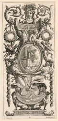 Ornamental Panel overmonteret med et hoved flankeret af løv, plade 11 fra Ornamental Panel overmonteret med et hoved flankeret af løv, fra Livre de Diverses Grotesques peintes dans le Cabinet et Bains de la Reyne Regente, au Palais Royale