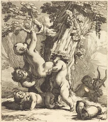 Putti og fauner klatrer i en vinranke