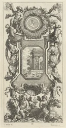 Ornamental panel besat af en buste af en kvinde og to putti med flammende trompeter