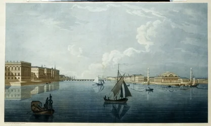 Børsen og Marmorpaladset i Sankt Petersborg. Beskrivelse af bredden af ​​Neva. Værk af Michel Francois Damam Demartrait (1763-1827), litografi, kulisse