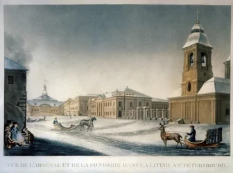 Sankt Petersborgs Arsenal og Støberiet i Litinie (Støberiets Avenue) (St. Petersborgs Arsenal ved Foundry Avenue). Værk af Michel Francois Damam Demartrait (1763-1827). Akvarel på papir, ca. 1820, fransk kunst. Stat russisk Mu