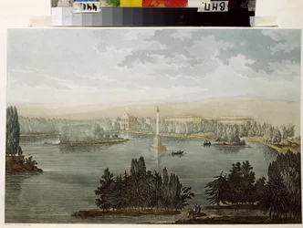 Udsigt over Tsarskoïe Selo. Chesme -kolonnen. (Udsigt til Tsarskoye Selo. Chesme -søjlen). Arbejde af Michel Francois Damam Damamrait (1763-1827), farvet gravering i akvarel