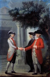 Den franske revolution: "Foreningen af tre ordener"". Repræsentation af deputerede for præsten, noblessen og tredjestaten (tredjestaten). Symbolet for den frie makoneri er repræsenteret til venstre. Maleri af Michel-Nicolas (Michel Nicolas) Perseval (