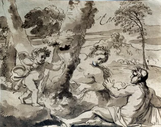 Kærlighed, en hyrde og en nymfe. Tegning af Michel Corneille (1642-1708)