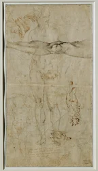 Forskellige studier af figurer, indskrift baseret på en sonet af Petrarca, ca. 1506 ...