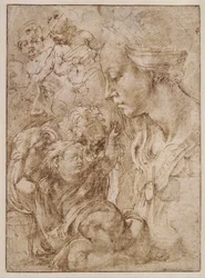 "Studier for en hellig familie med Johannes Døberen som barn" (Studier for en hellig familie med Johannes Døberen som barn) Tegning af Michelangelo Buonarroti (1475-1564) - 1505 - Pen, pensel, indisk blæk på papir Dim 28, 7x20 ,9 cm Staatliche Museen, Berl