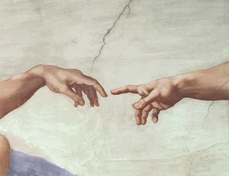 Hands of God and Adam, detalje fra The Creation of Adam, fra det sixtinske loft, 1511 (før restaurering)