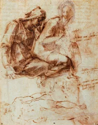 Sankt Anne og Madonna med barn, af Michelangelo (1475-1564), tegning