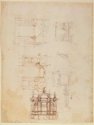 Studier til arkitektonisk komposition i form af en triumfbue, ca. 1516 (sort kridt med kuglepen og brunt blæk på papir) (recto) (omvendt se 191776)