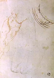 Studie af en liggende figur med krydsede ben og et design til en lunette, der viser en figur, der monterer en trappe (pen & blæk, kridt og kul på papir)