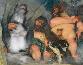 Allegori over elementerne, universet og stjernetegnenes tegn, detalje med Neptun og Triton med Kerberos, den trehovedede hund, 1597, detalje af 107109