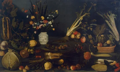 Stilleben af blomster og planter (olie på lærred)