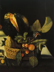 Stilleben med blomster og frugt, af Master of the Hartford Still Life, ca. 1600-10 (olie på lærred) (detalje af 507174)