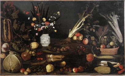 Stilleben med blomster og frugter - olie på lærred c.1590