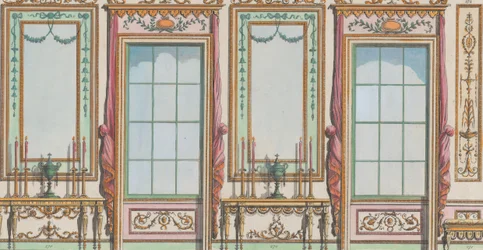 Indvendig dekoreret væg med vinduer og Pier-glas, nr. 267-273..., 27. februar 1784.