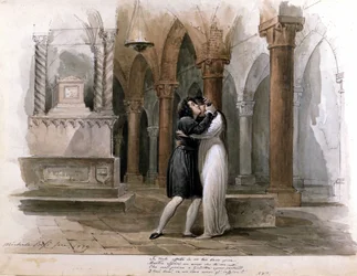 I Capuleti e i Montecchi (Les Capulet et les Montaigu) af Vincenzo Bellini, forestilling på Fenice Theatre i Venedig. Giuditta Pasta og Giulia Grisi fremfører Romeo og Julie. Akvarel af Michele Bisi