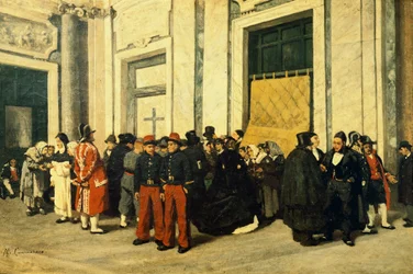 Entréen til Santa Maria Maggiore, ca 1865, af Michele Cammarano (1835-1920), Italien, Olie på lærred.